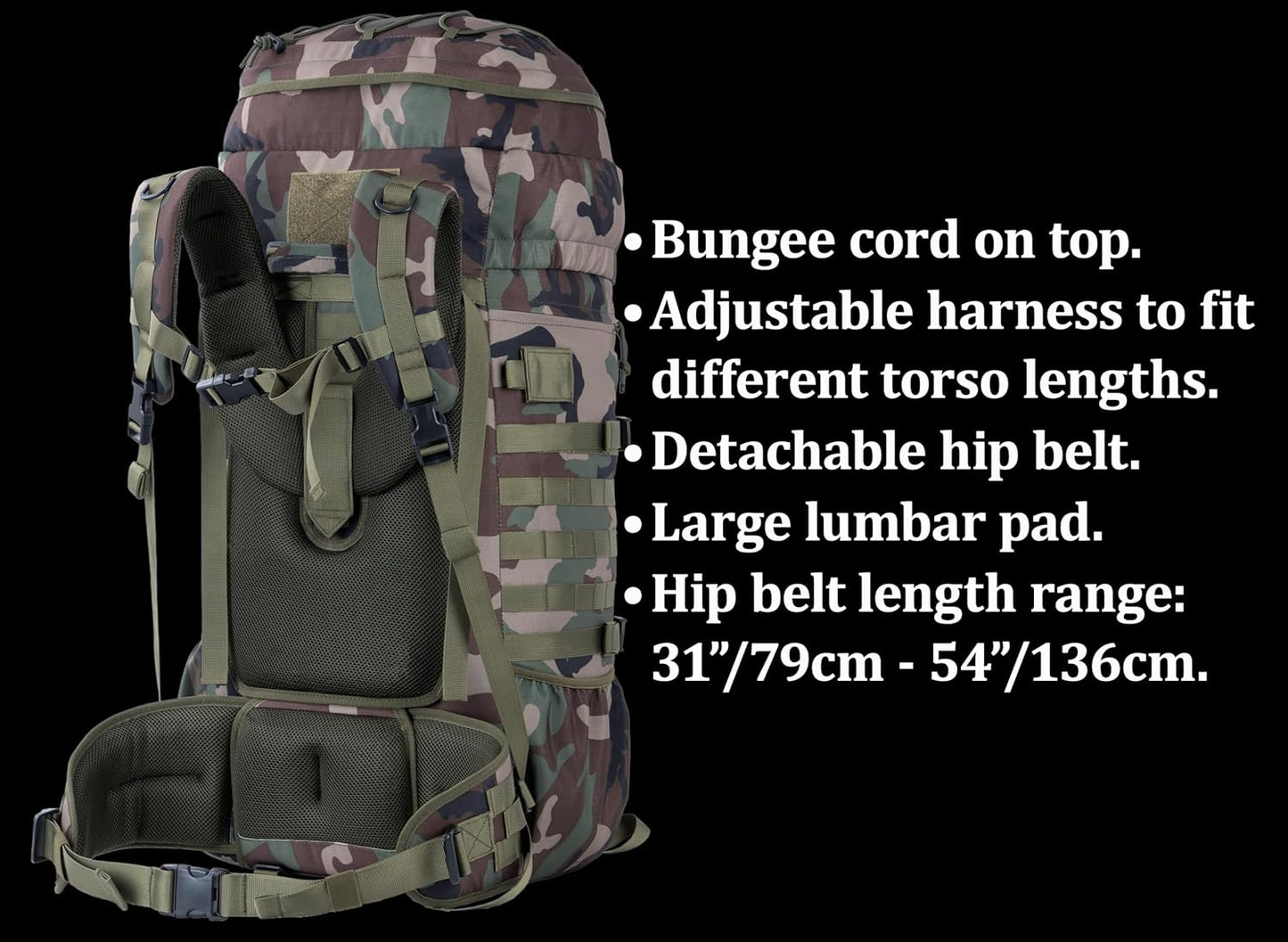 75L Tactical Backpack with Internal Frame, MOLLE, and Hydration System