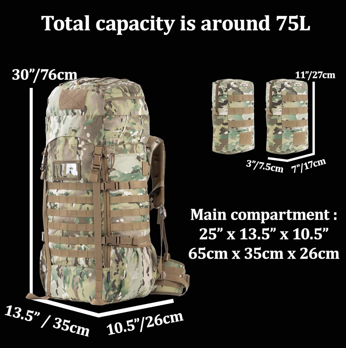 75L Tactical Backpack with Internal Frame, MOLLE, and Hydration System