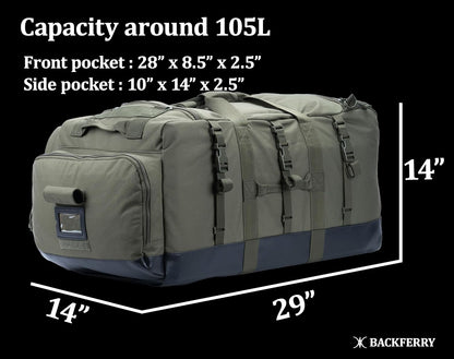 Large Duffle Bag Duffel Pack with Backpack Shoulder Straps and Shoes Compartment 105L for Sports Travel Hunting Camping.