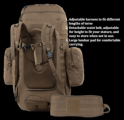 75L Tactical Backpack with Internal Frame, MOLLE, and Hydration System